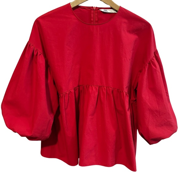 Zara Red Balloon Sleeve Blouse with Ruffled Hem High Neck Zipper XS - M - Picture 1 of 10
